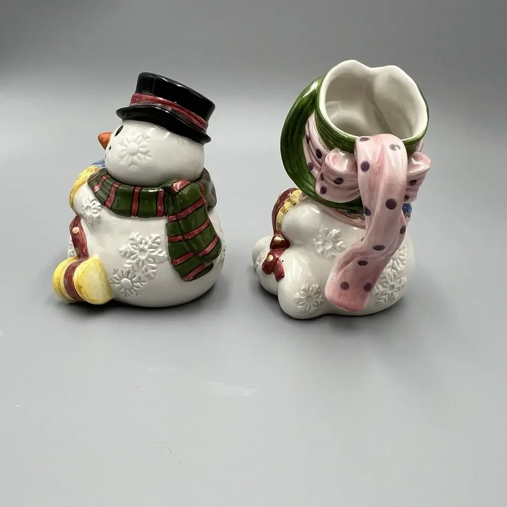VTG Fitz & Floyd Frosty Folks Creamer Sugar‎ Spoon Set 90s Christmas Snowman